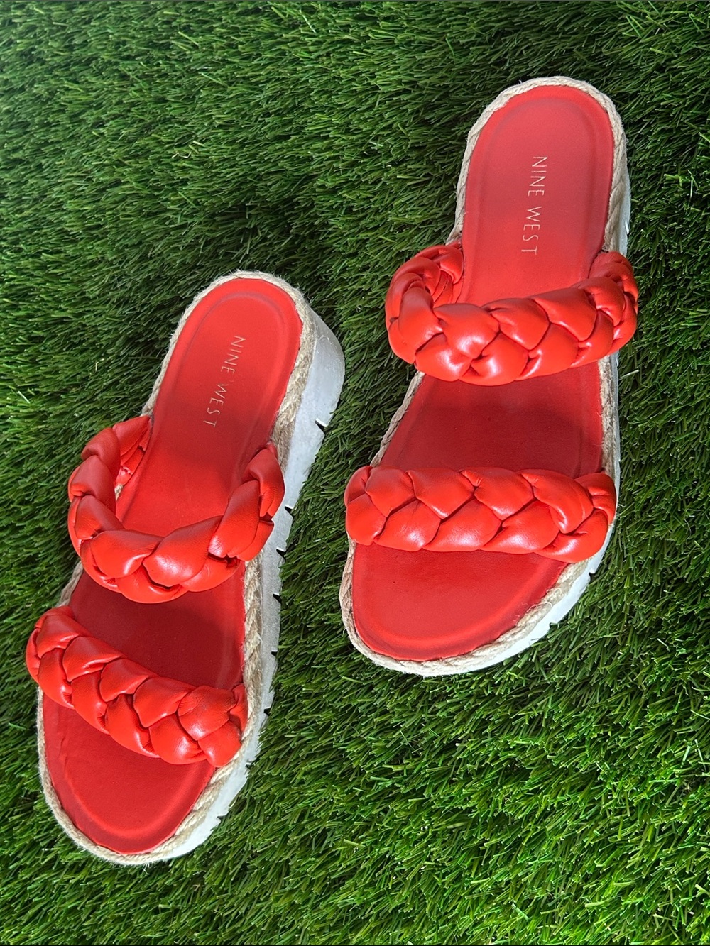 Nine West Red Braided Double-Strap Espadrille Slide Sandals